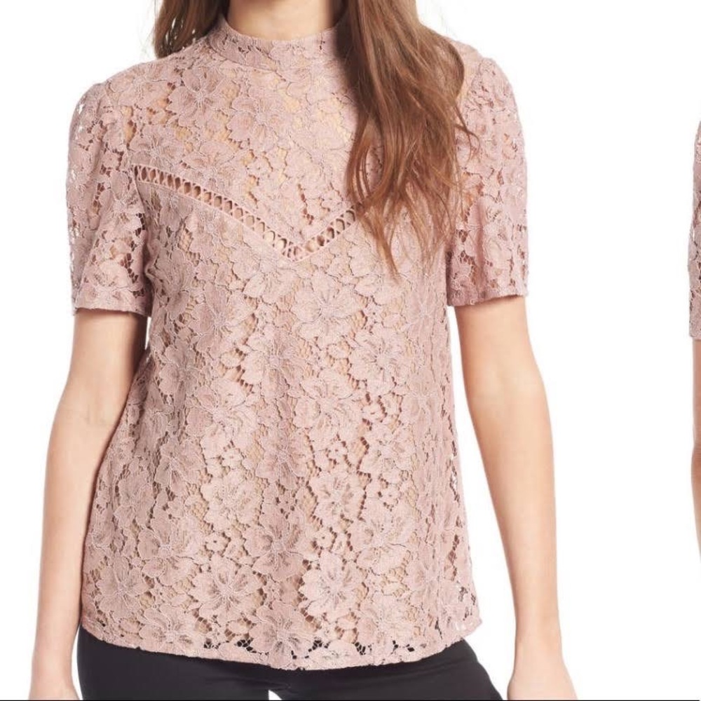 Wayf Blush Lace Short Sleeve High Neck Blouse